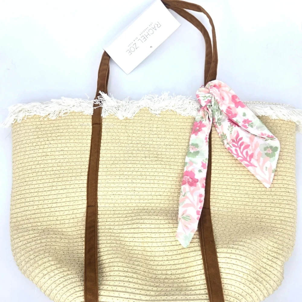 NWT Rachel Zoe Bohemian Woven‎ Raffia Fringe beach Tote Bag Tan Pink Floral bow